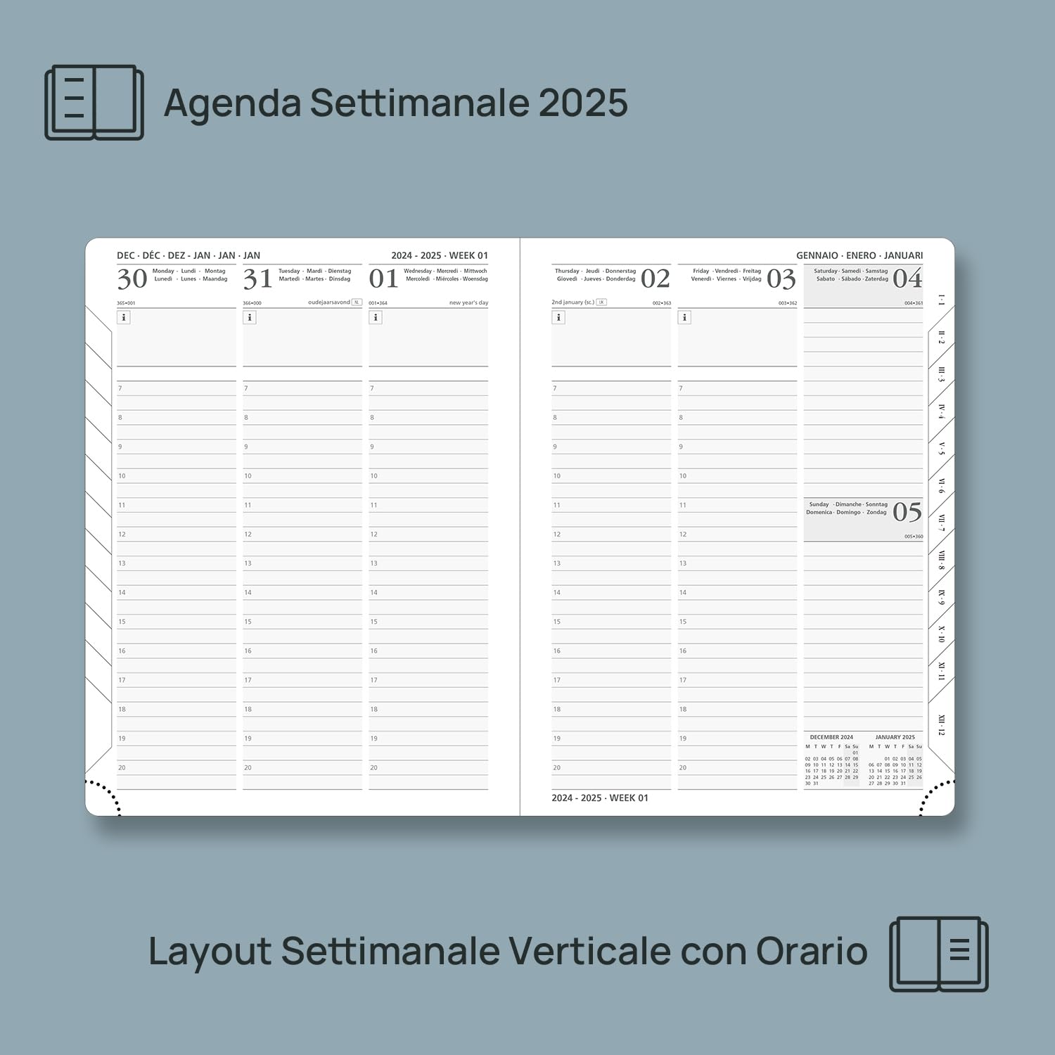 POPRUN Agenda Settimanale 2025 Verticale 22 x 16,5 cm, Copertina Morbida in Pelle Vegana, Planner 2025 con Tag Mensili, Carta Spessa da 100 GSM, Verde Pacifico