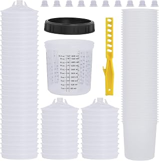 Disposable Paint Cups 600ml for Spray Gun Tool (HVLP Paint Spray Paint Gun), 50 Cup Liners(20 Ounce), 50 Lids with Strainer, 10 Plugs, 1 Hard cup, 1 Retaining Ring, 1 Stirring Bar, Total 113PCS