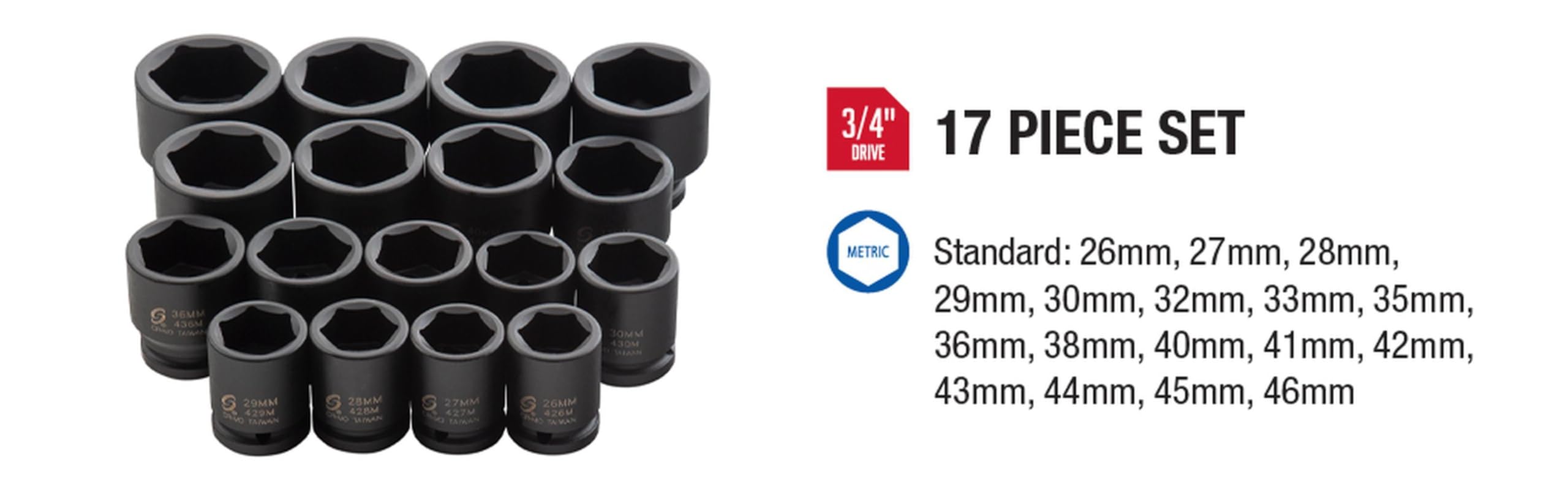 SUNEX TOOLS 4684, 3/4 Inch Drive Heavy Duty Impact Socket Set, 17-Piece, Metric, 26mm-46mm, Cr-Mo Alloy Steel, Radius Corner Design, Dual Size Markings, Heavy Duty Storage Case