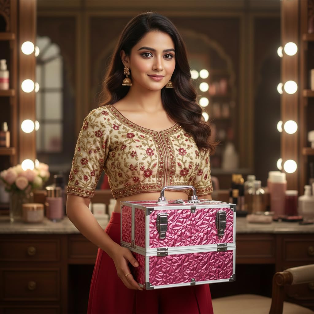 Adson Professional Makeup Box Cosmetics Case Jewelry Organiser Vanity Make Up Storage Box Beauty Train Case Lockable with Keys (Diamond Glow Pink) 2