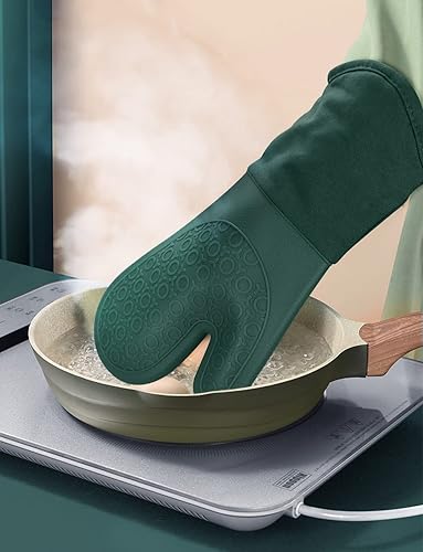 Vista 14 de sungwoo Guantes de horno de silicona, resistentes al calor, con forro acolchado, agarre texturizado antideslizante, perfectos para barbacoa, Negro