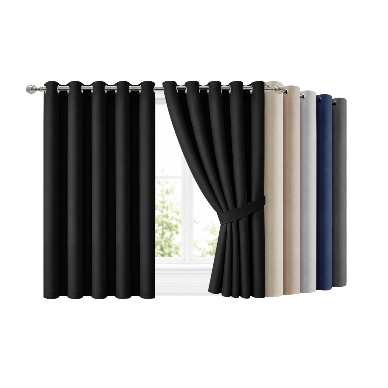 Hafaa Blackout Curtains for Bedroom 46 X 54 Inch Eyelet Black Curtains for Living Room Super Soft Thermal Curtain & Drapes 2 Panels with Tiebacks
