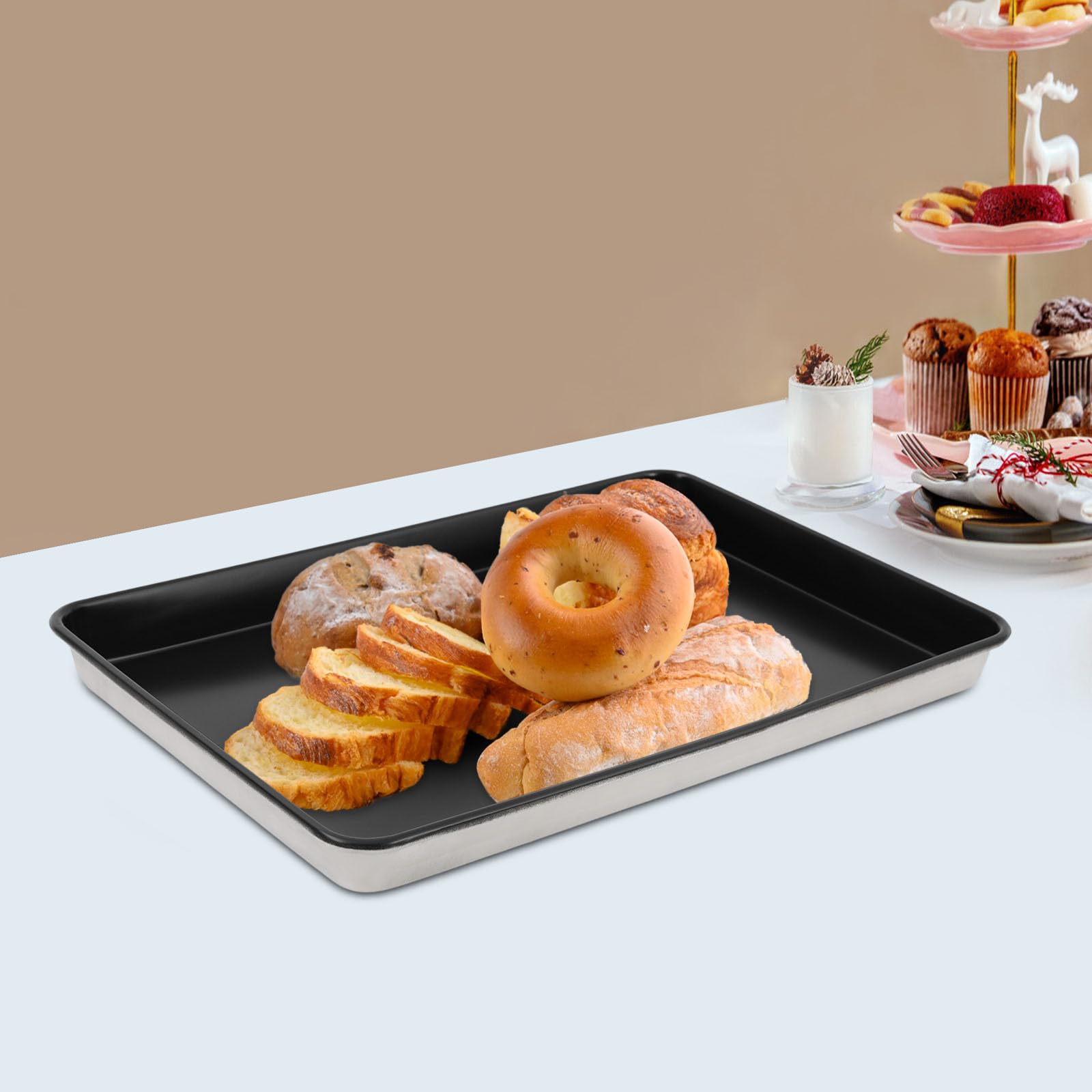 Teglia da forno in alluminio, 60 x 40 cm, con rivestimento antiaderente, rettangolare, per famiglie, panifici e gastronomia, colore nero