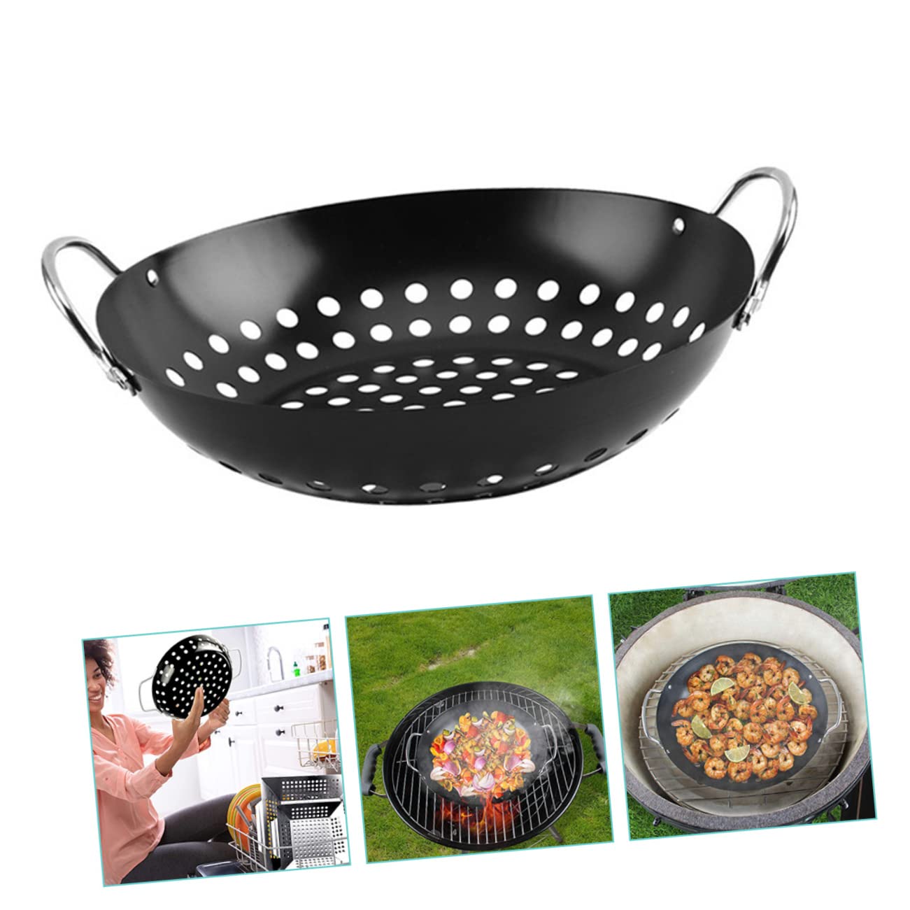 Hemobllo Cestello e Manici Doppi per Grigliare le Verdure in Acciaio al Carbonio Design a Fori Grandi per Uso Professionale All'aperto