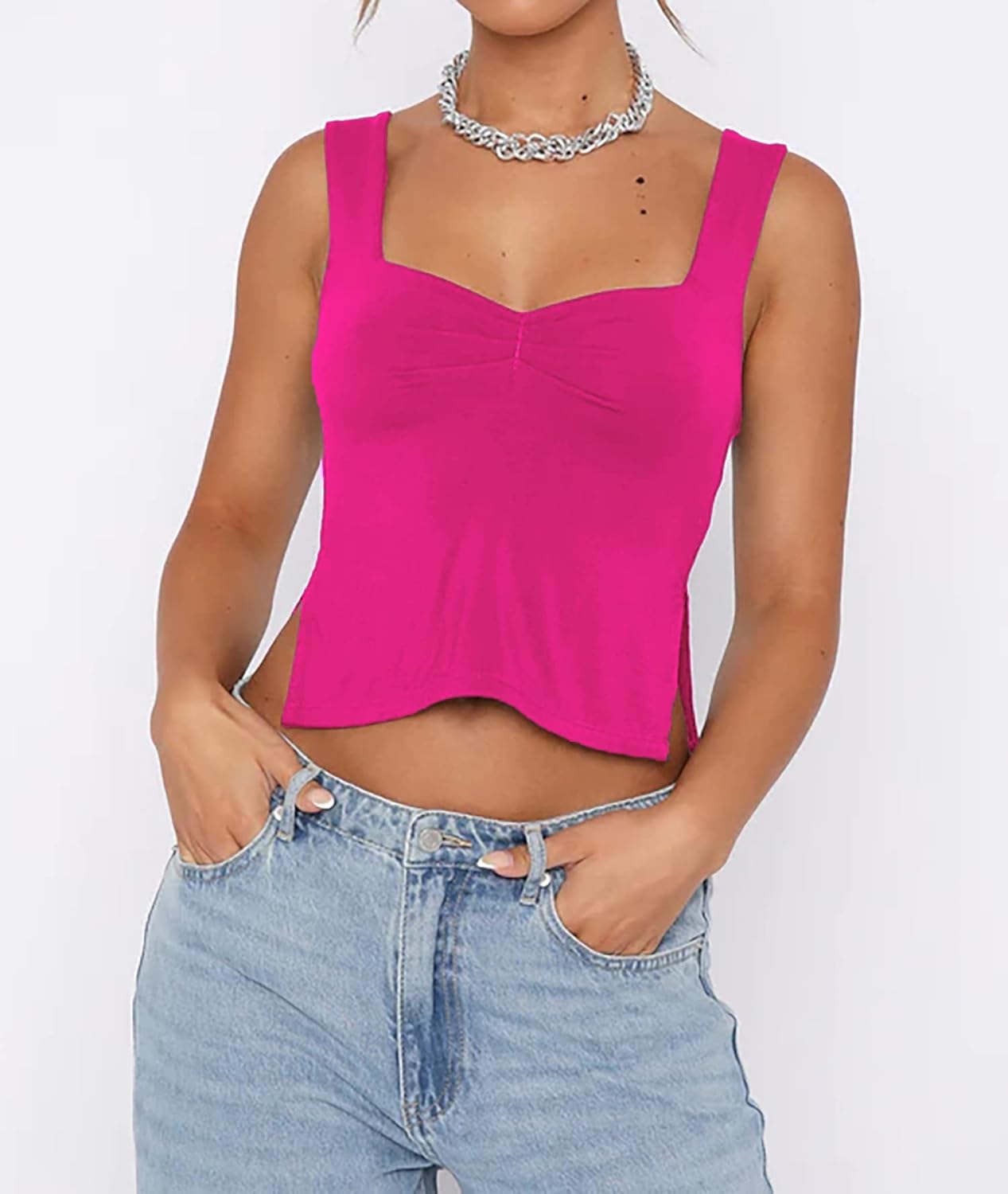 Women's Sleeveless Backless Going Out Crop Tank Top Sexy Pleated Sweetheart Neck Strappy Y2K Slits Cropped Tops - Image 2