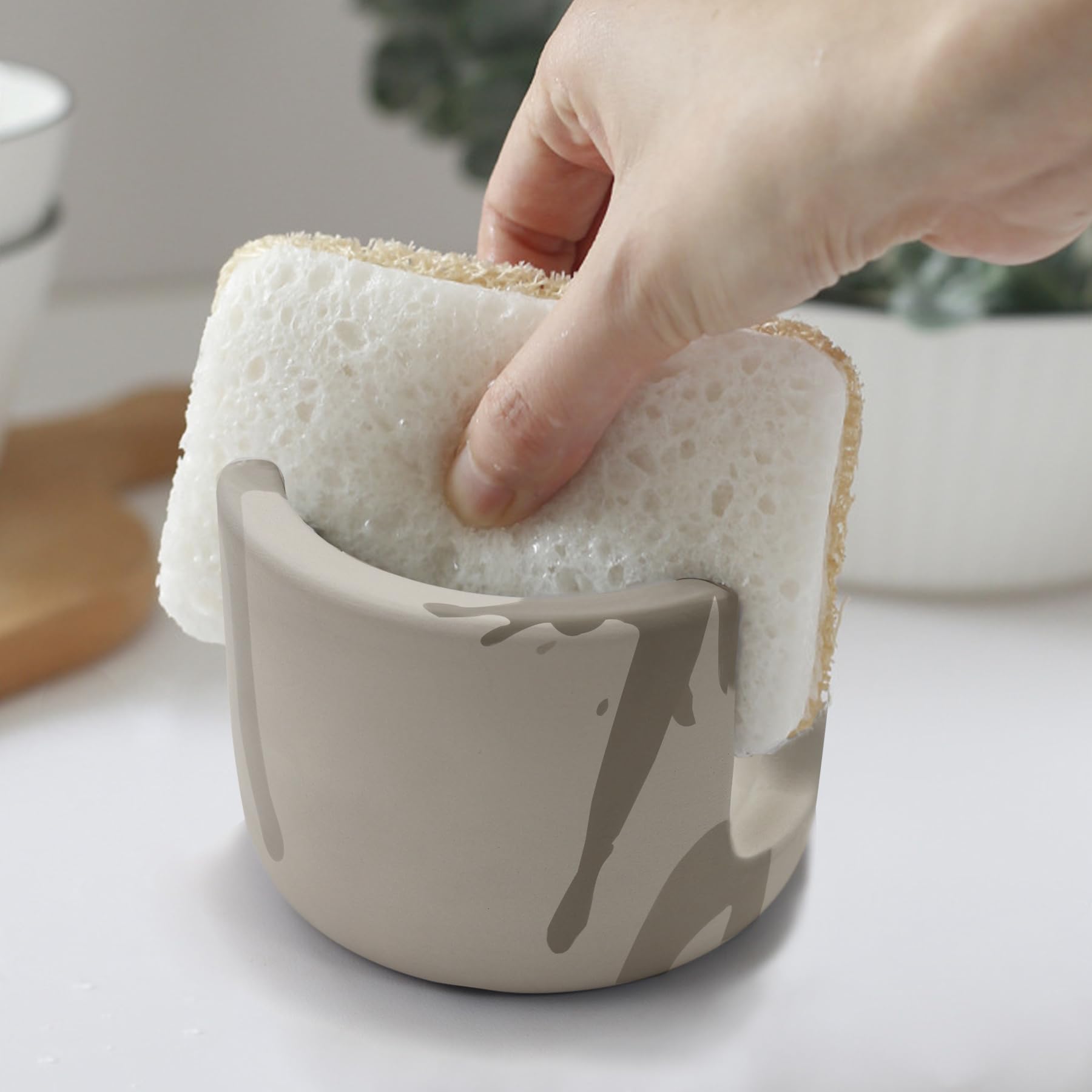 Coengwui Diatomite Sponge Holder for Kitchen Sink, Caddy Organizer, Quick Dry for Dish Brush, Bathroom Soap, Toothbrush - Fast Absorbing Stone (Beige, Height 2.56in)