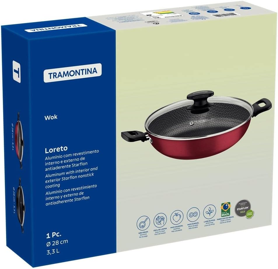 Panela Wok Aluminio, Loreto, Tramontina, Vermelho, 28 cm