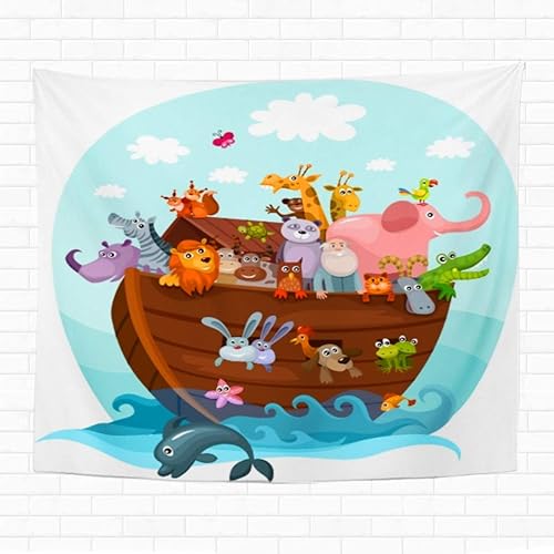Topyee Tapiz decorativo para colgar en la pared, diseño de Arca de Noé, diseño de dibujos animados de animales y botes, 60 pulgadas de largo x 80