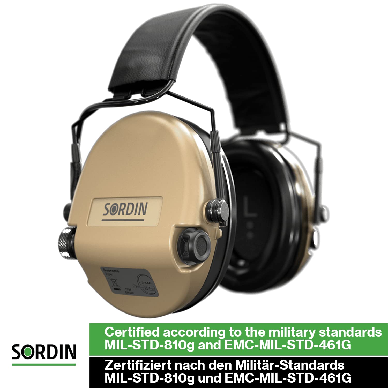 Sordin MIL SFA - Protección auditiva militar activa - 74508-05-S - 26-32 dB SNR gracias al anillo de aislamiento, Cápsulas beige, Talla única