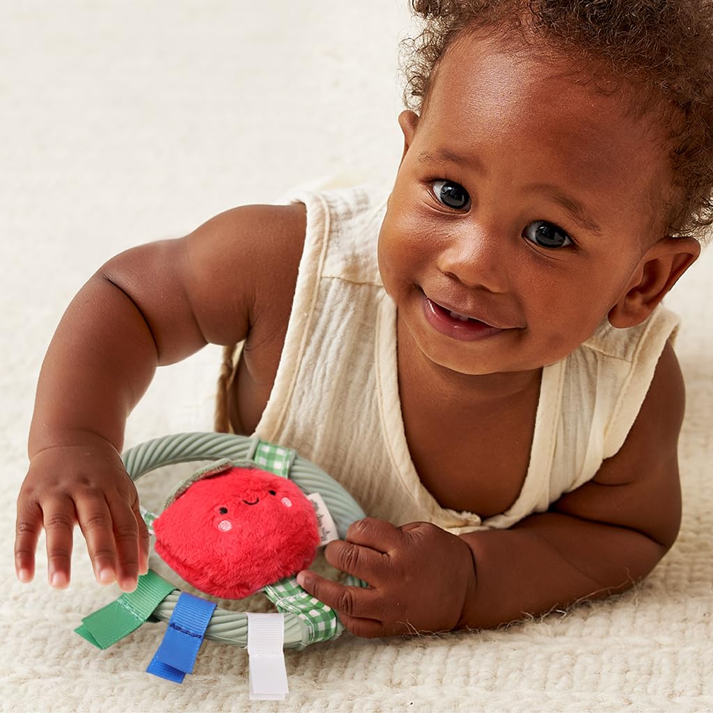 Itzy Ritzy Silicone Teething Ring w/Plush Character - Textured Teether Features Gentle Jingle Sounds, Colorful Ribbons & Easy-Grip Design for Sensory Play - Designed for Ages 3 Months and Up (Tomato)