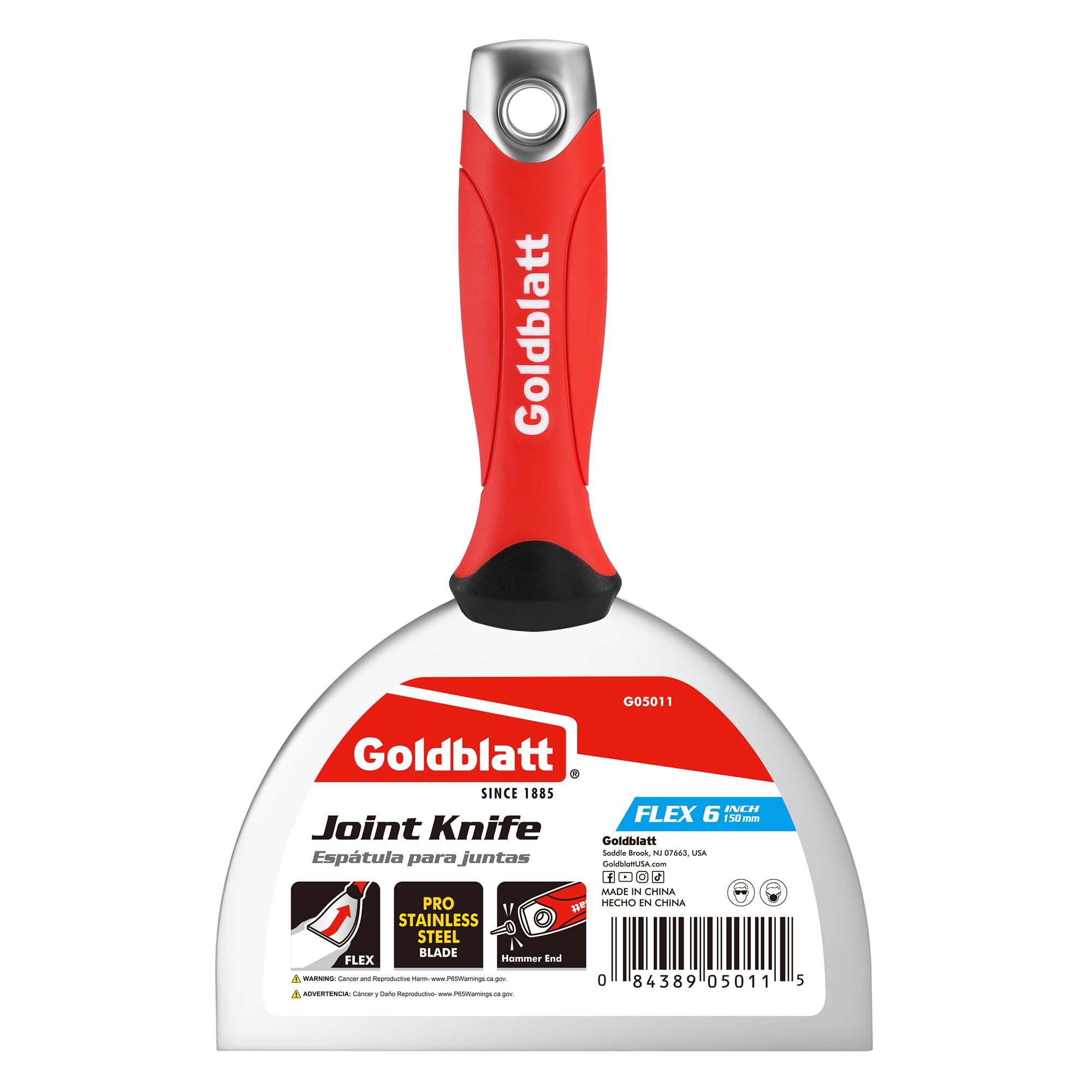 Goldblatt 6" Putty Knife, Stainless Steel Scraping Paint, Putty Knife Scraper with Hammer End, Soft Grip, Perfect for Drywall Repairing and Finishing