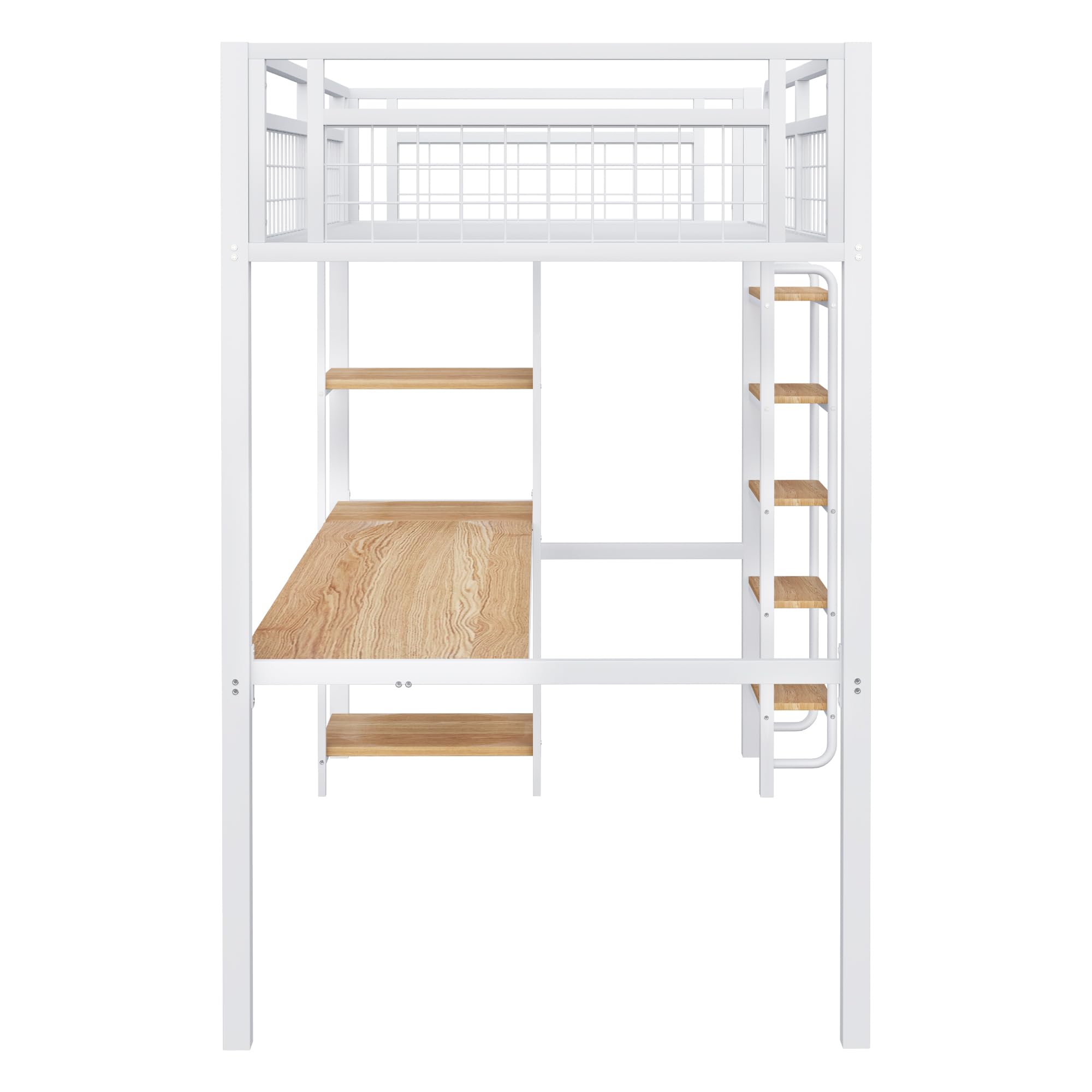 Cama alta de metal 90x200 cm con escalera y valla de seguridad blanca