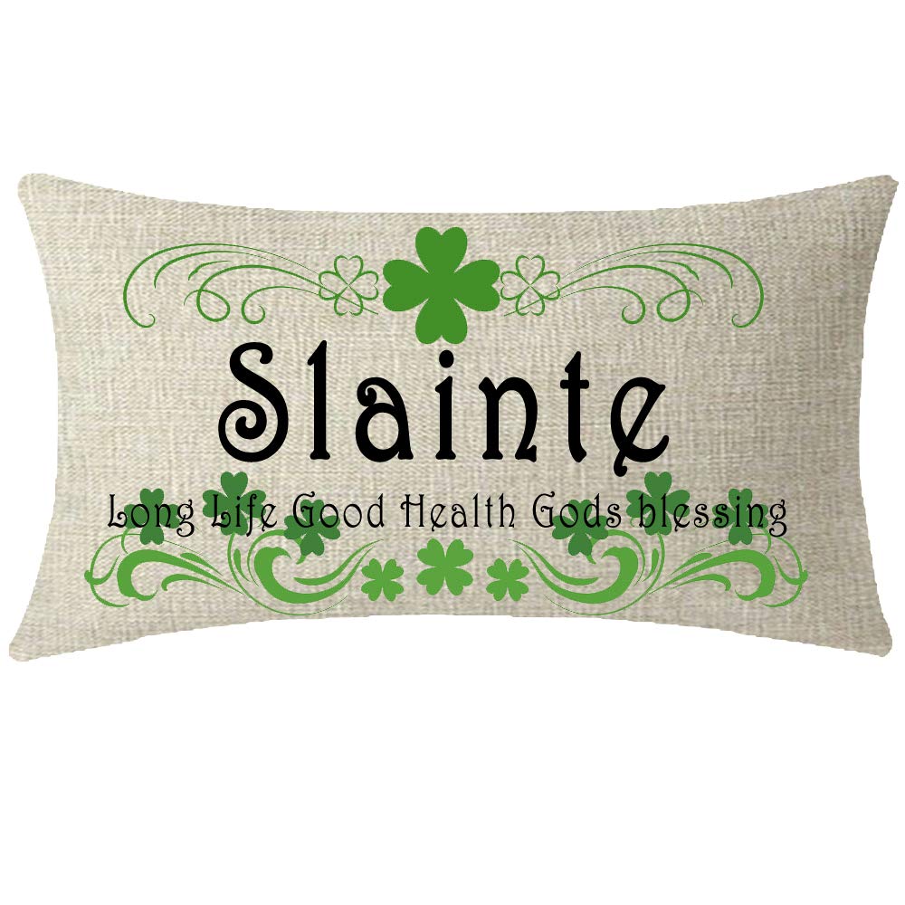 Itfro Slainte Irish Blessing Happy St Patricks Day Shamrocks Lumbar Cream Burlap Throw Pillow Cover Cushion Case Sofa Decorative Oblong Long 12X20 Inches (Slainte)