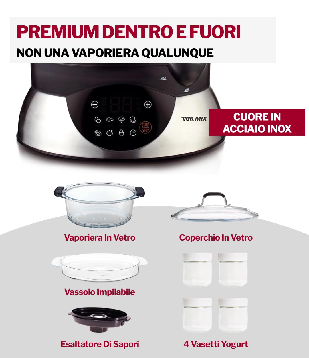 Turmix Steamer CX 220 – Vaporiera con pentola da 5,2 L con contenitori in vetro e display digitale, comando touch, funzione di mantenimento in caldo, avvio ritardato, programma yogurt, ingresso acqua