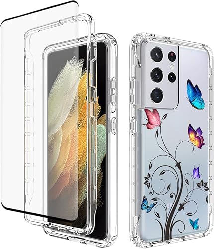 Funda para Galaxy S21 Ultra 5G, SM-G998U con protector de pantalla de vidrio templado, cuerpo completo transparente con protección floral para