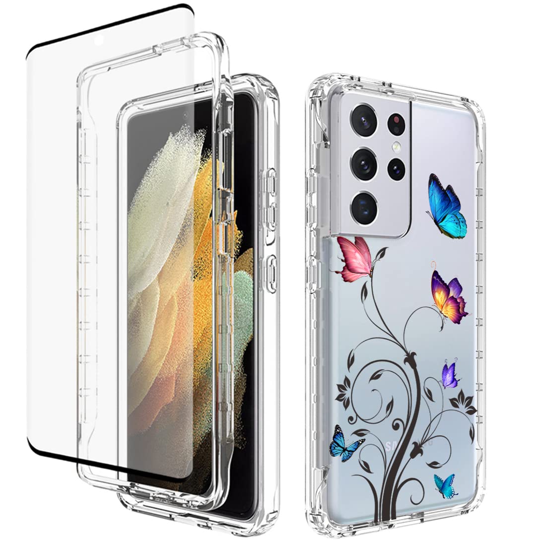 Vavies Case for Galaxy S21 Ultra 5G Case, SM-G998U Case with Tempered Glass Screen Protector, Full Body Clear with Floral Protection Phone Cover Cases