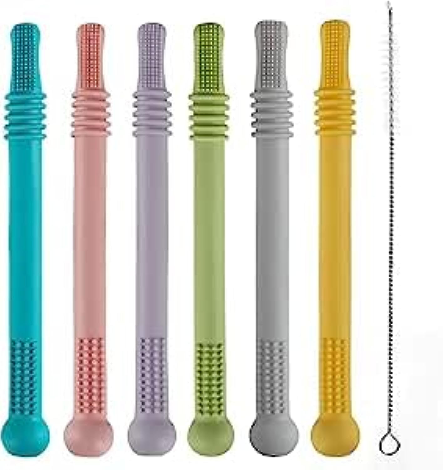 SINCHER Hollow Teether Tubes, Teething Sticks for Babies,6 Pack Chew Straw Toy for Infant Toddlers Silicone Tubes Teething Toys for Babies 3-12 Months BPA Free, Super Soft Silicone Baby Teethers