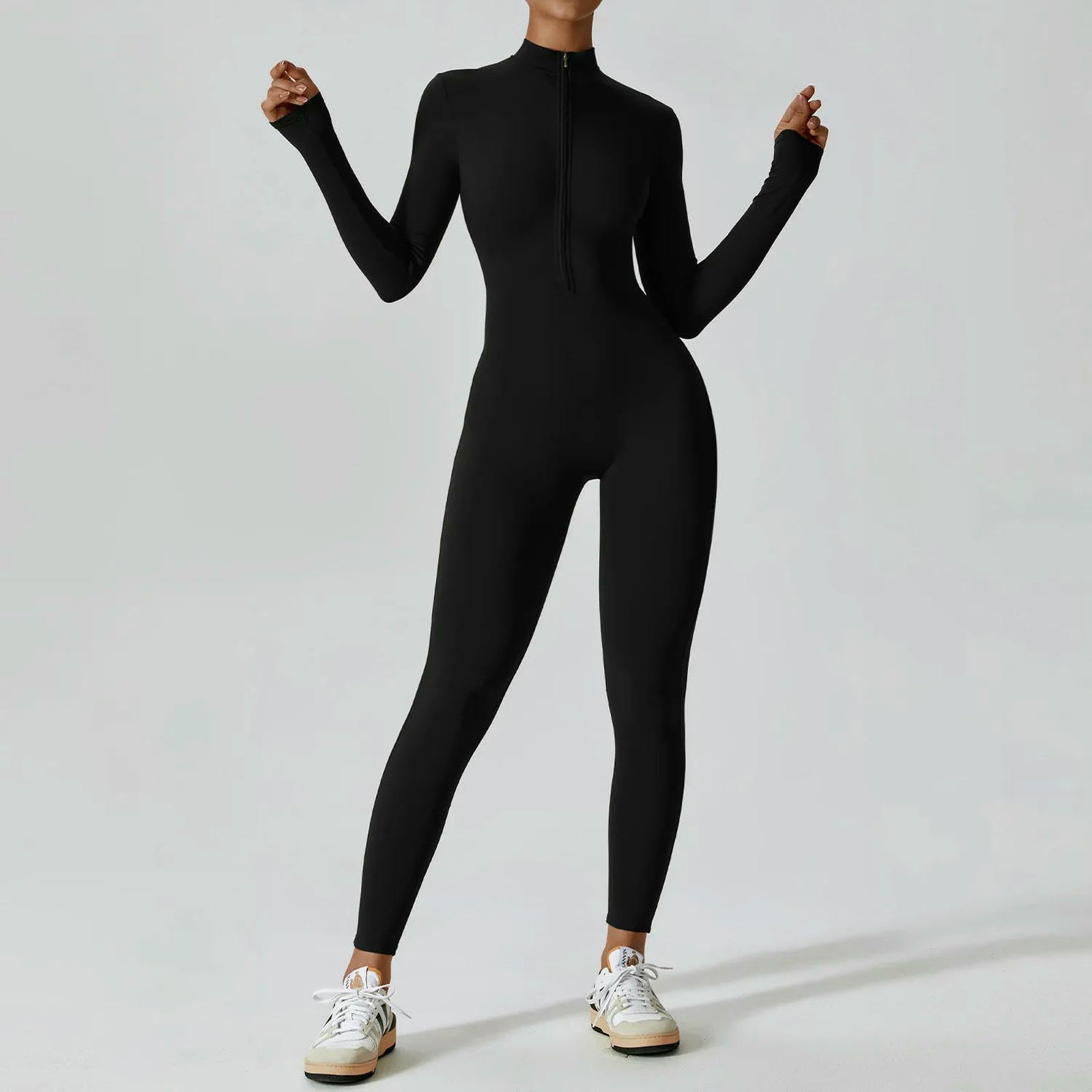 Shapewear damski kombinezon treningowy z długim rękawem kombinezon z zamkiem błyskawicznym Up Bottom spodnie Bodycon Sexy One Piece-rozszerzony czarny M