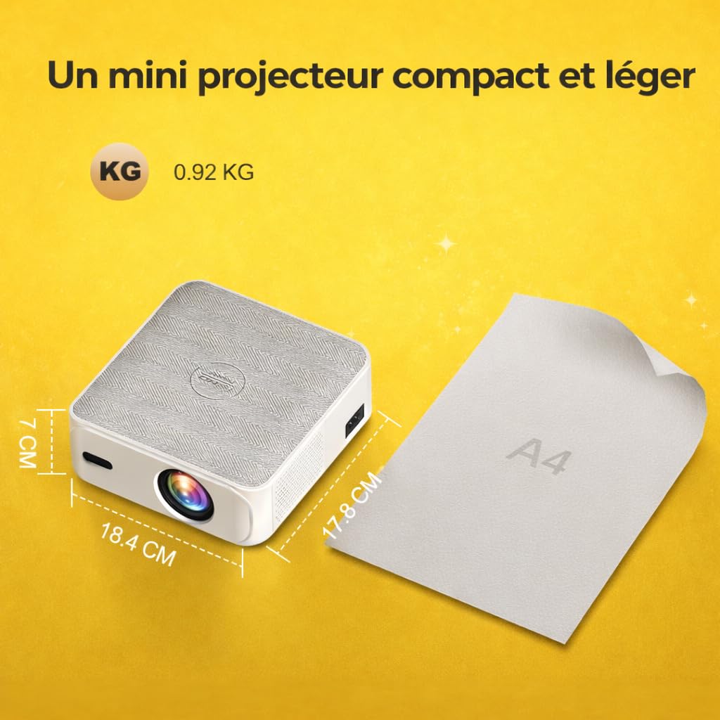 Projecteur Portable 4K Full HD 1080P avec Support Ajustable Intégré, HDMI/USB, Home Cinéma