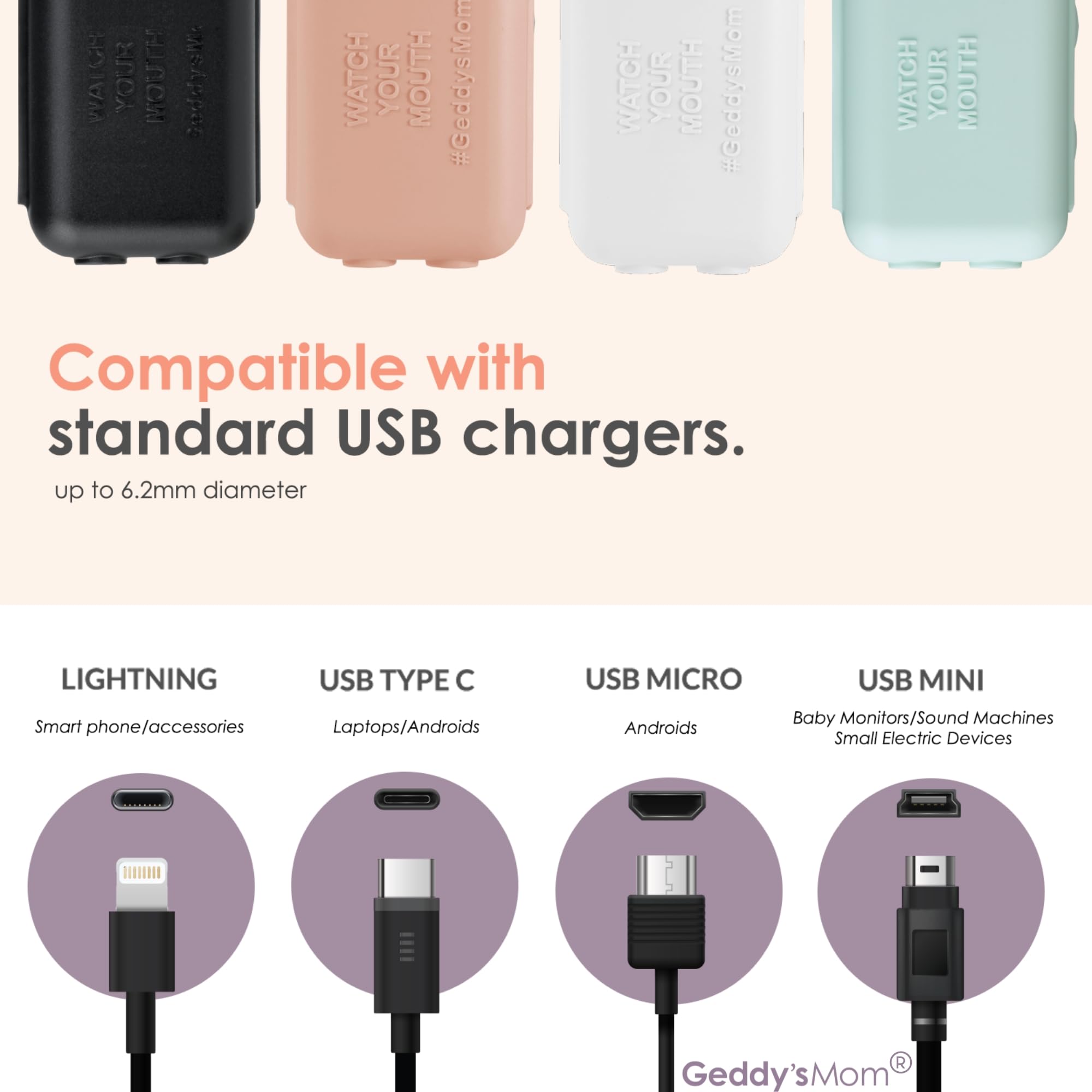Geddy's Mom - Watch Your Mouth - Le chargeur USB primé pour enfants - Fabriqué aux États-Unis - Protection bébé pour tout-petits - Lot de 6 (Dusty Aqua)