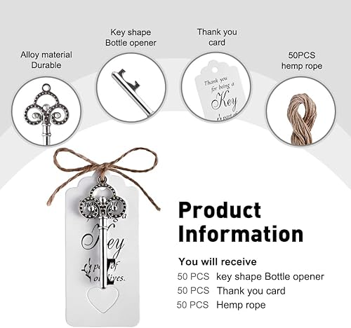 Miniatura 3 de Abnaok 50 piezas de recuerdos de boda/recuerdos de fiesta, abridor de botellas de llave de esqueleto plateado con tarjetas de escolta y cuerda de
