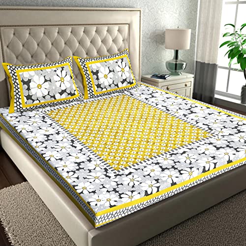 Image of RajasthaniKart Pure 100% Cotton Double Bed Sheet with 2 Pillow Covers (Bedsheet for Double Bed Cotton, Yellow,Floral)