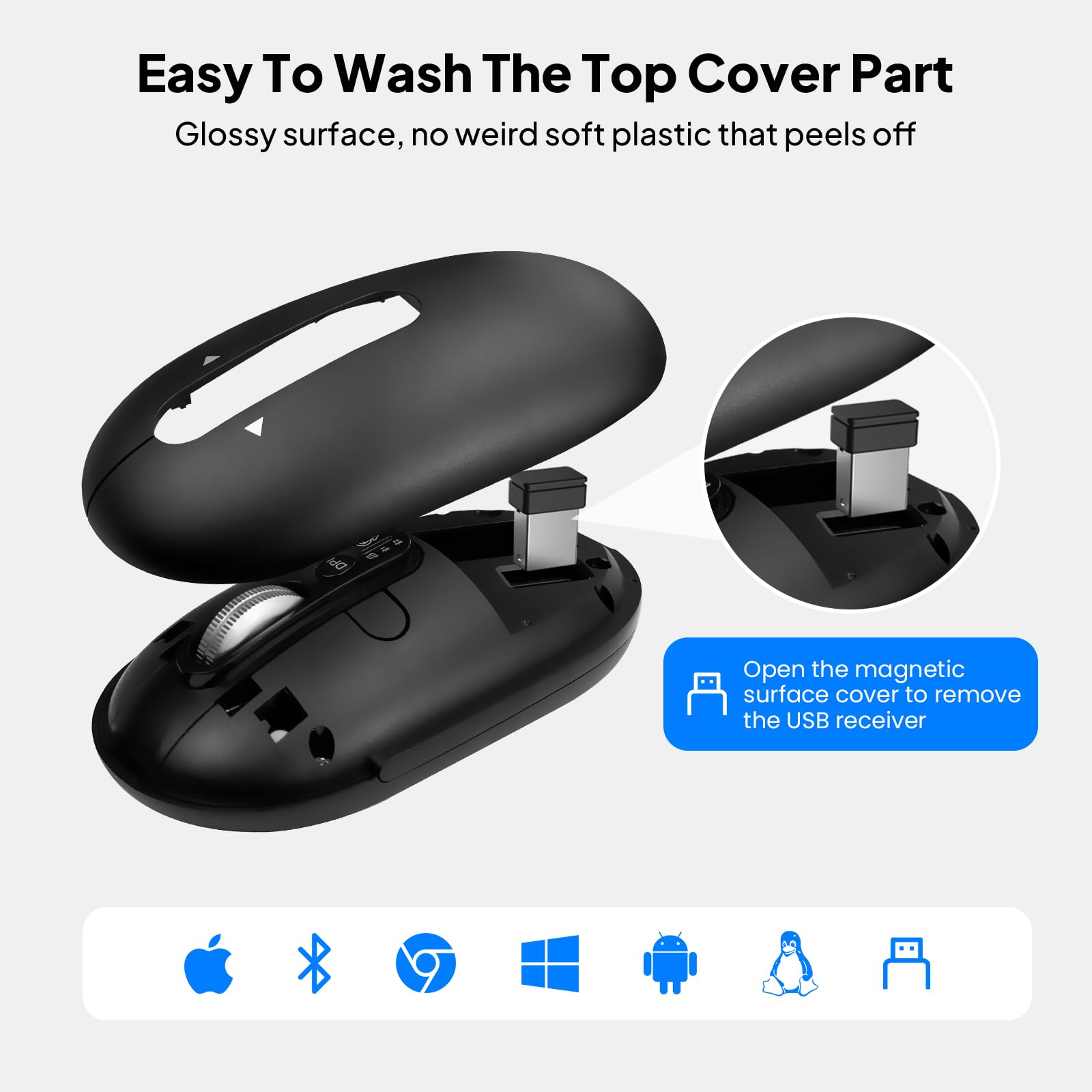INFINMIND Mouse Bluetooth Senza Fili con Smart Flying Scroll, Rotellina ergonomica per il pollice, silenzioso per 3 dispositivi - Compatibile con Windows/Mac OS/Chrome/Android (Nero)