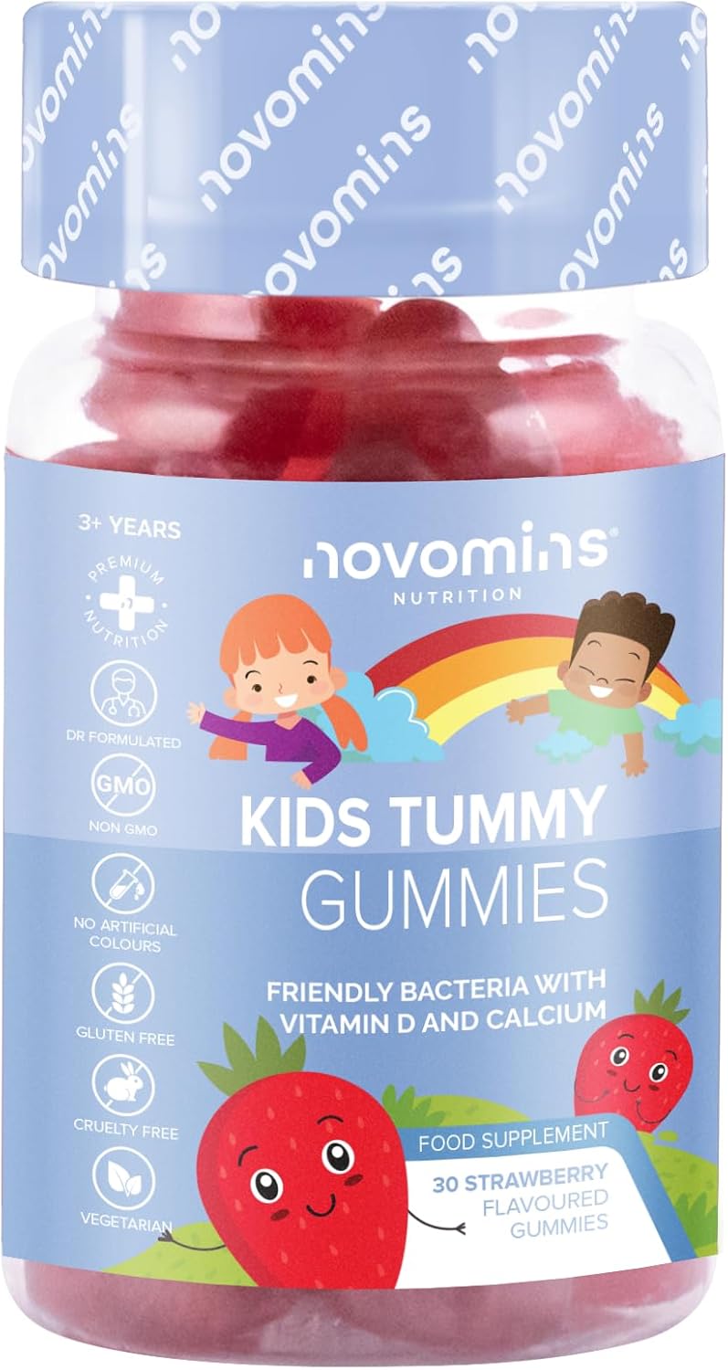 Kids Probiotic Gummies – Probiotics for Children 1 Month Supply Kids Tummy Gummies – Includes Vitamin D & Calcium for Childrens Gut Health – Vegetarian Formula – 30 Chewable Vitamins – by Novomins