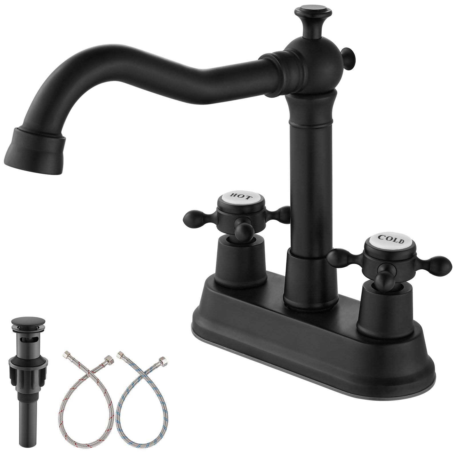 Aolemi 4 Inch Centerset Bathroom Sink Faucet Vintage 2 Cross Handle RV Mixer Tap Basin Vanity Lavatory Utility for Sink 3 Hole Include Hoses Pop Up