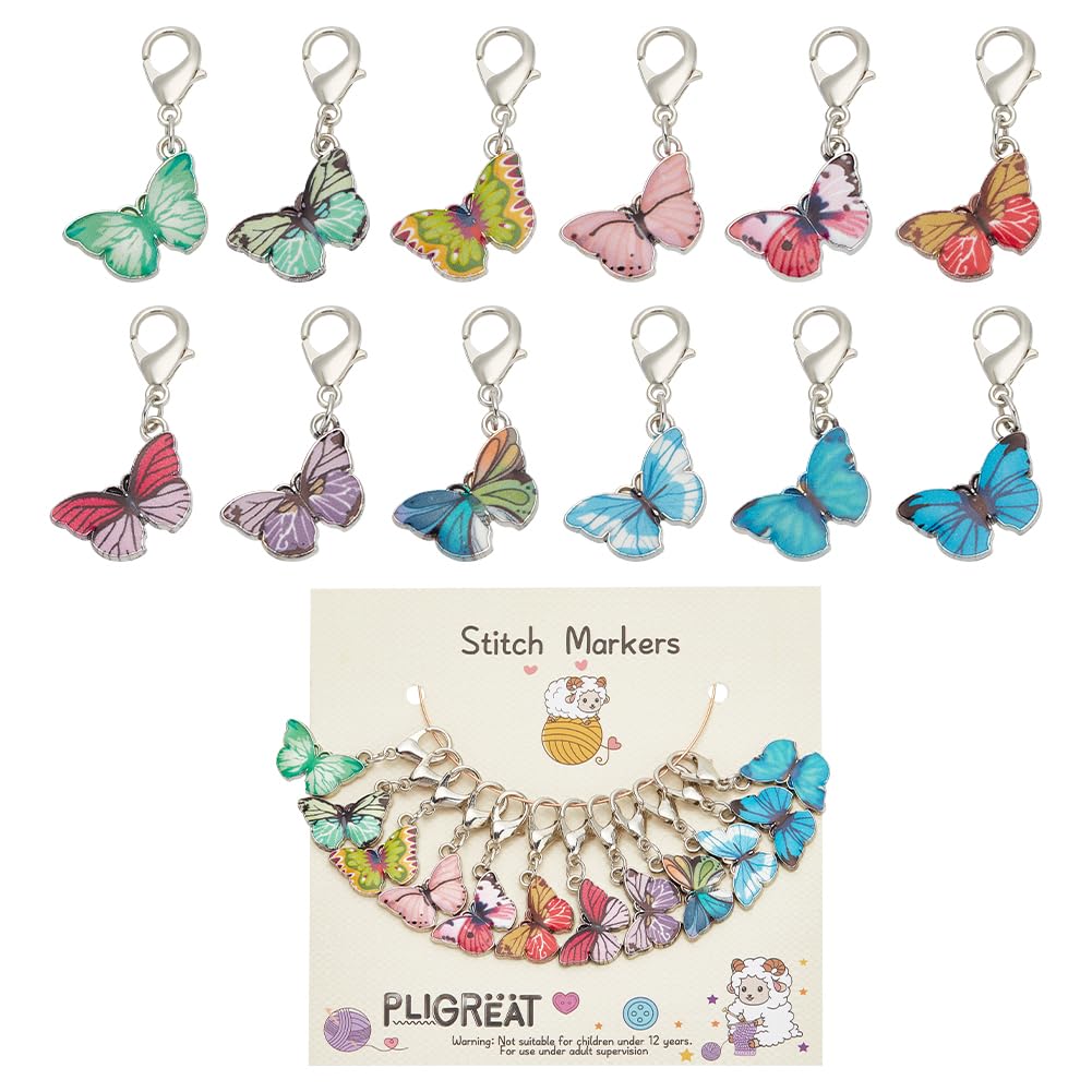PLIGREAT 12 Pcs Colorful Butterfly Stitch Markers Knitting Locking Marker for Grandma Woman Weaving Sewing Quilting DIY Gifts Jewelry Making Accessories Crochet Markers with Lobster Claw Clasp
