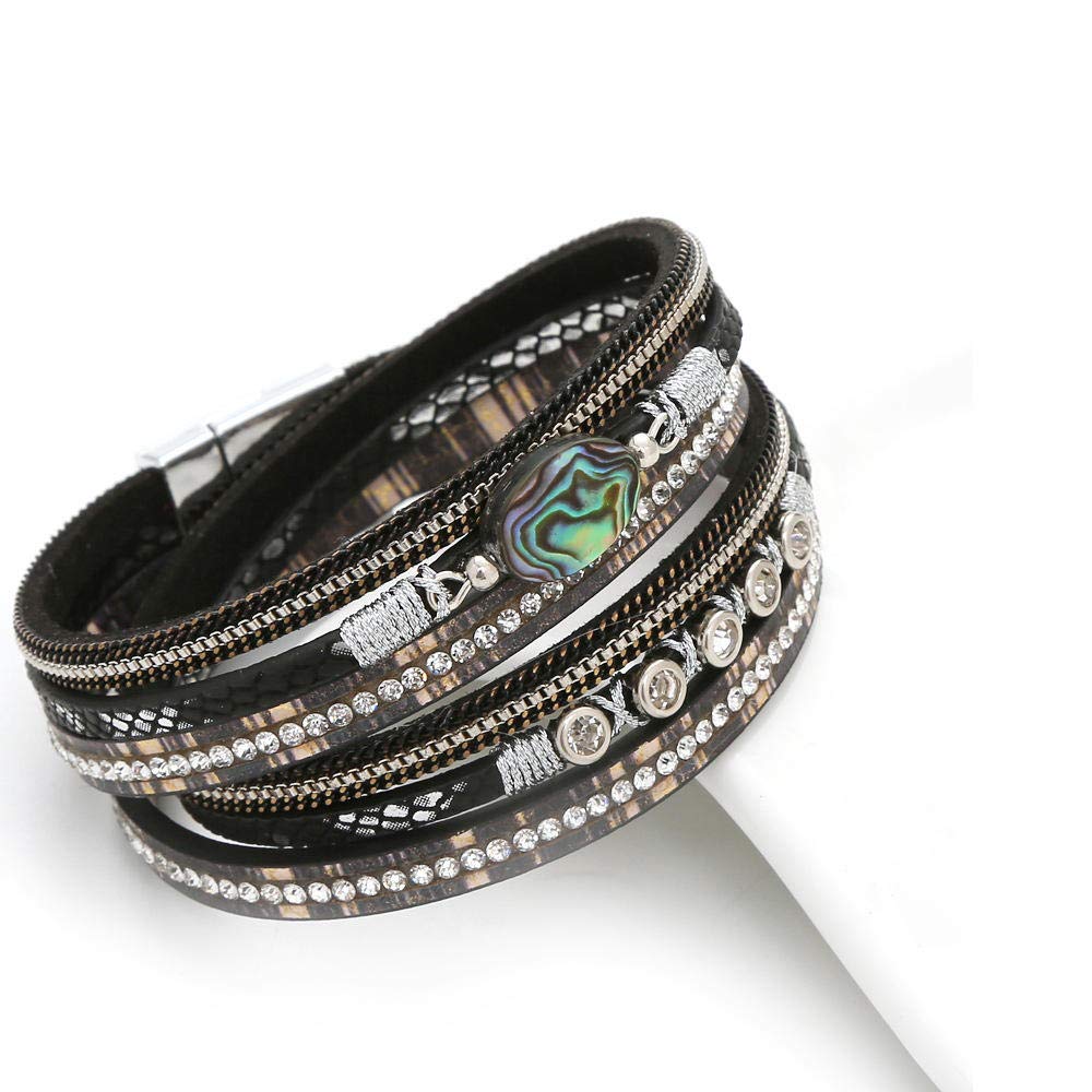 Lederarmband für Frauen, mehrschichtige Vintage Lederarmband Schwarzes kreativer Abalone-Schalenarmband Zirkon Magnet Schnalle Armband Temperament Personalisierte Schmuck Personalisierte Kleidung