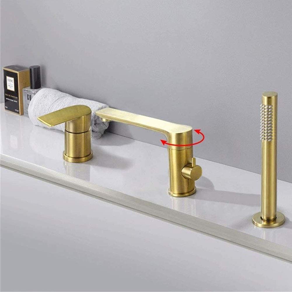 Robinet De Remplissage De Baignoire Romaine Or Brossé, Robinet De Baignoire Avec Douchette, Robinet De Remplissage De Baignoire En Laiton Massif à 3 Trous, Mitigeur De Baignoire à Montage Sur Pont