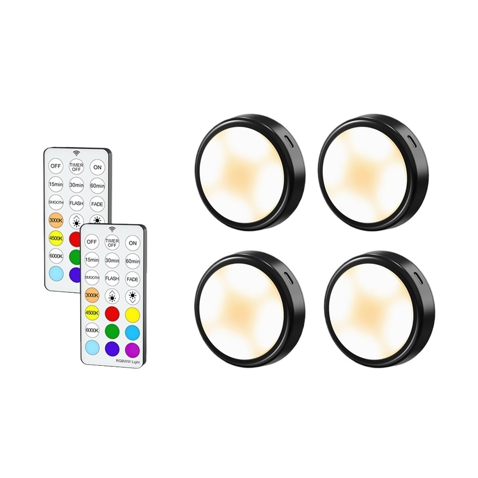 Czarna Okrągła Lampa LED Podszafkowa Do Szafy, Ściemnialna, Na Biurko, Z Pilotem(4lamp 2remote)