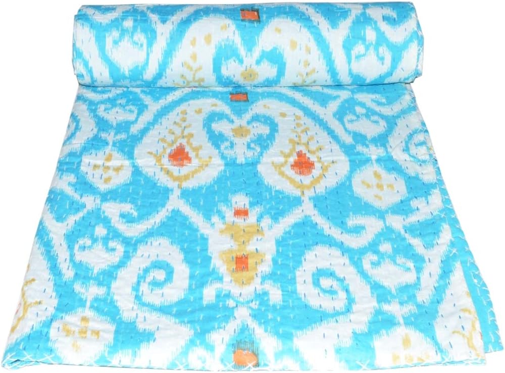 YUVANCRAFTS Indian Handmade Ikat Print Kantha Quilt Queen Size Pure Cotton Kantha Throw Vintage Kantha Bedspread Blanket (Light Yellow) (Turquoise, Twin Size)