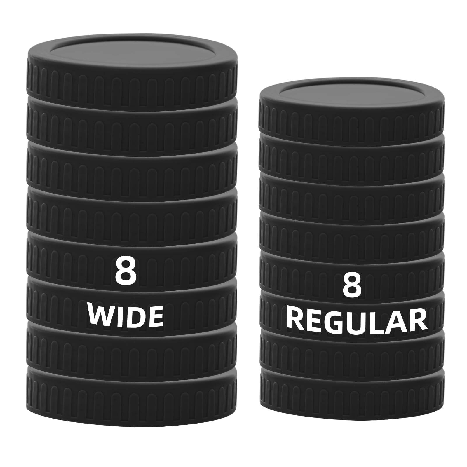 16 Pack Black Plastic Mason Jar Lids with Silicone Rings, 8 Wide Mouth & 8 Regular Mouth Canning Lids for Ball & Kerr and More, 86mm &70mm Plastic Mason Jar Lids