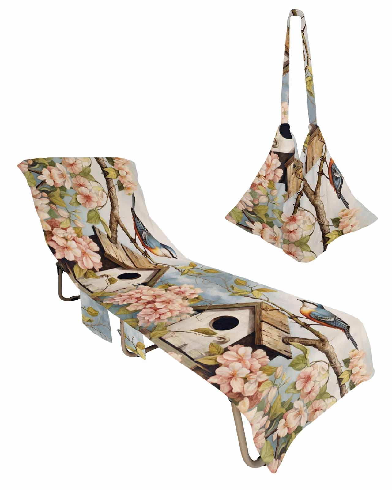 Farmhouse Birdhouse Beach Chair Towel Covers for Chaise Lounge With Side Pocket, Soft Plush Pool Towels Cover for Patio Sunbathing Outdoor 29''x85'' Vintage Spring Flower Plant Leaves