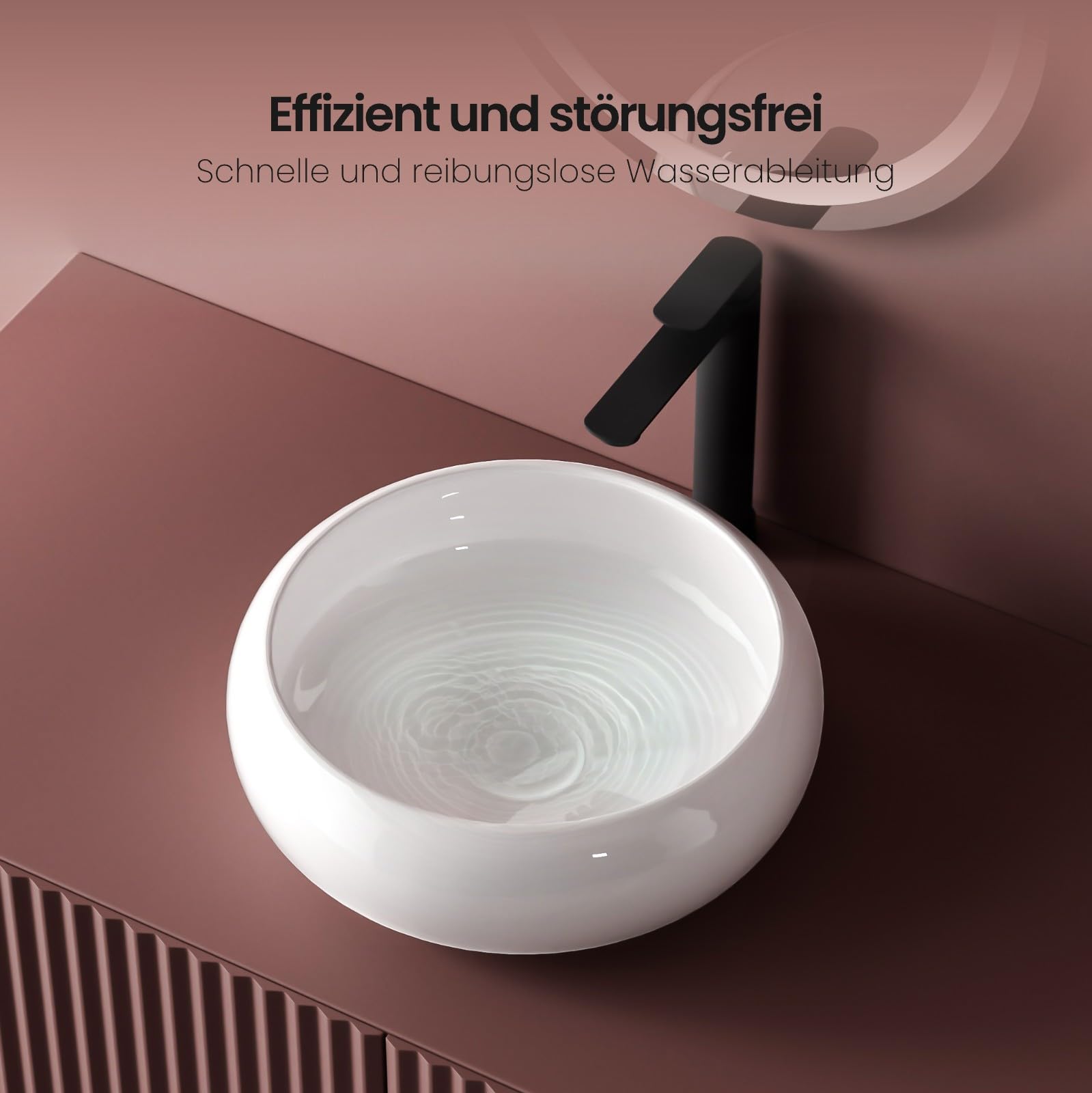 EMKE Lavabo da montare, Lavabo rotondo in ceramica, 360 x 360 x 120 mm, installazione sopra il piano, Bianco lucido, lavabo per bagno e WC ospiti