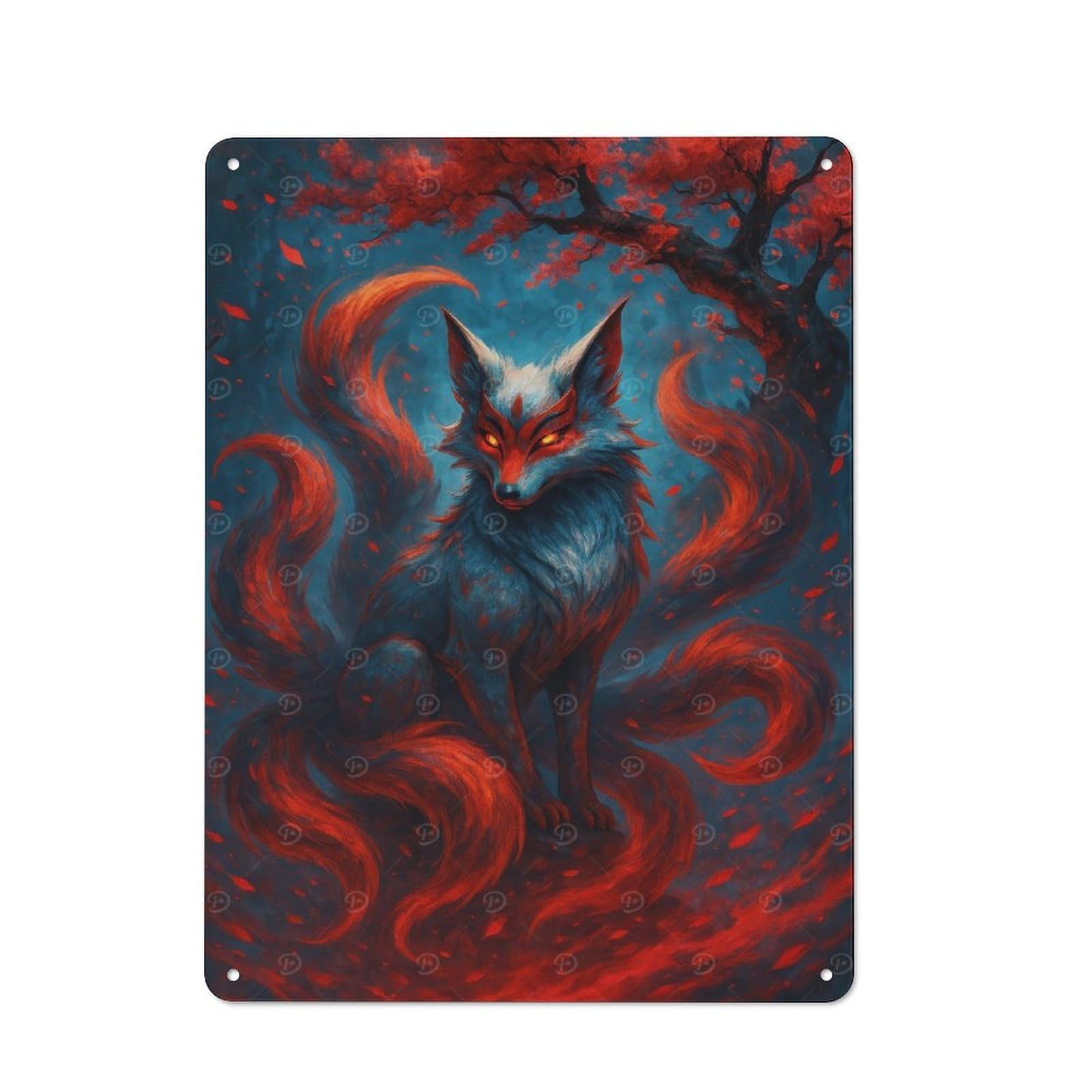 Junmoney Style Vintage Tin Sign 40X30cm Featuring Nine-Tailed Fox In Red And Blue For Bar Or Restaurant, A Decorative Christmas Gift For Bar Decor Enthusiasts