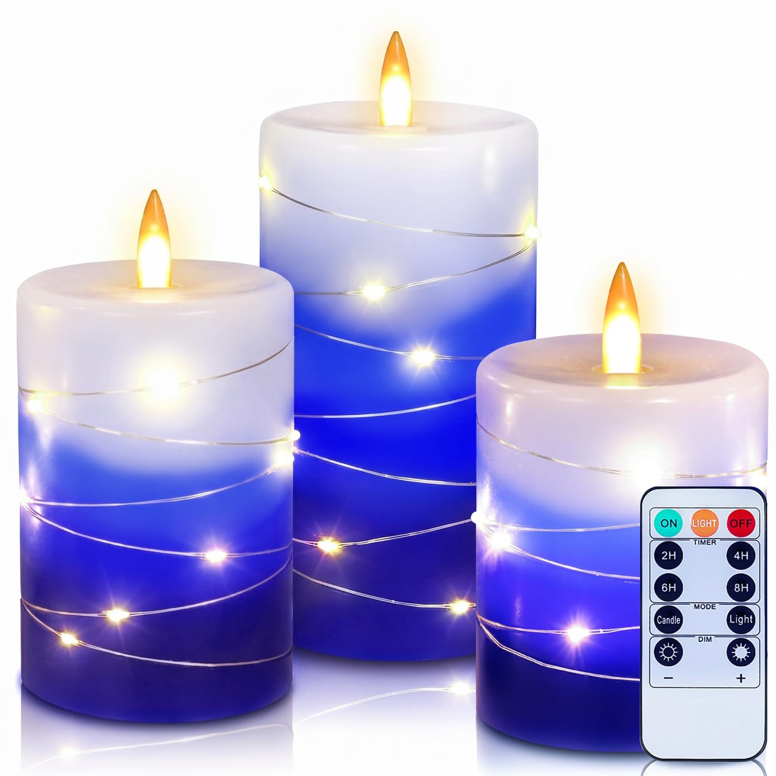 Wekity Flameless LED Candles with String Lights, 3Pcs Blue Ombre Paraffin Wax Pillar Candles with Remote, Battery Operated, Flickering Electric Candles for Home Decor, Christmas & Gift (Blue Ombre)