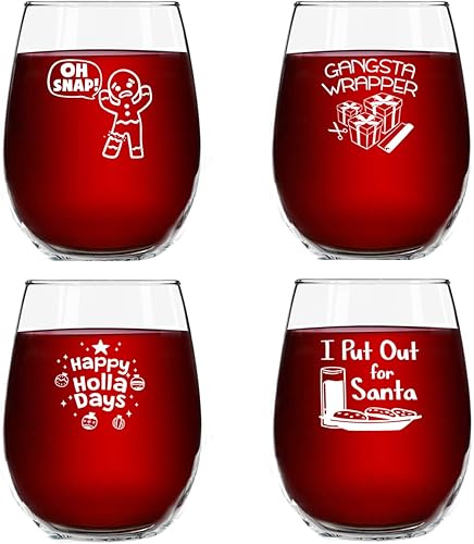 DU VINO Christmas Puns - Divertidas copas de vino sin tallo (juego de 4) de 15 onzas – Copas alegres para fiestas navideñas, idea de intercambio de