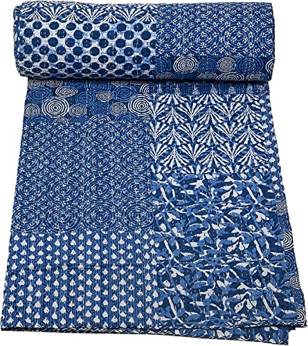 Marubhumi Indian Cotton Indigo Print Quilt Bedspread Handmade Blanket Kantha Throw Gudari (Color -Blue, Twin Size 90X60 Inch) #TOP25