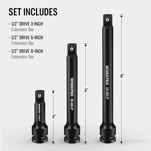 Miniatura 3 de WORKPRO Juegos de barras de extensión de impacto de 12 pulgada, 3 piezas de 3, 6, 8 pulgadas, extensión de zócalo de acero CR-MO endurecido y
