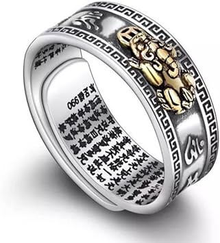 SUKKCCNO Vintage 925 Sterling Silver PiXiu Open Ring Dragon Auspicious Clouds Golden Toad Vajra Engrave Buddhist Feng Shui Amulet Wealth Adjustable Ring Lucky Jewelry Gift for Men and Women 8