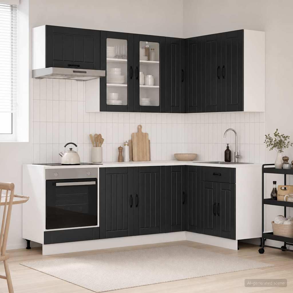 Küchenzeile Lucca 8-teilig Einbauküche Schwarz Holzwerkstoff Moderne Miniküche Eckküche mit Verstellbaren Füßen Komplettküche Küchenblock für Zuhause