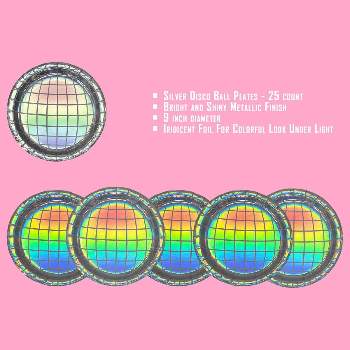 Bolaras Silver Disco Ball Paper Plates, 25-Pack, 9 inch, Sturdy, Bachelorette Party Decorations, Last Disco, Space, 70s Groovy Party