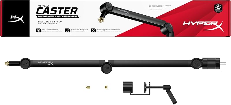 Caster Microphone and Camera Arm Tool-Less Adjustment, Broad Compatibility, Cable Management, Sturdy, Black