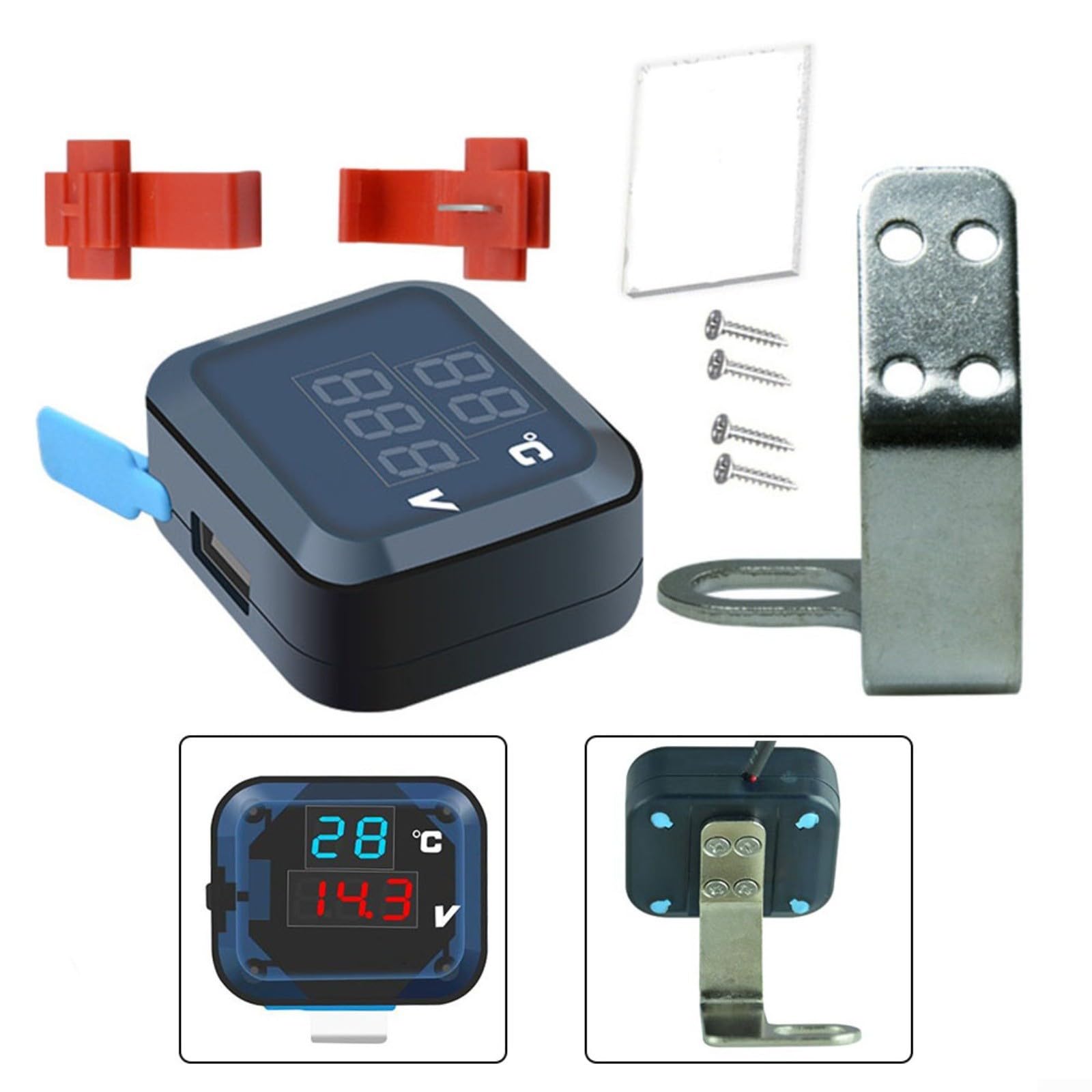Termometro digitale voltmetro 3 in 1 per moto, con caricatore USB, indicatore di temperatura per manubrio per la maggior parte delle moto, blu-rosso