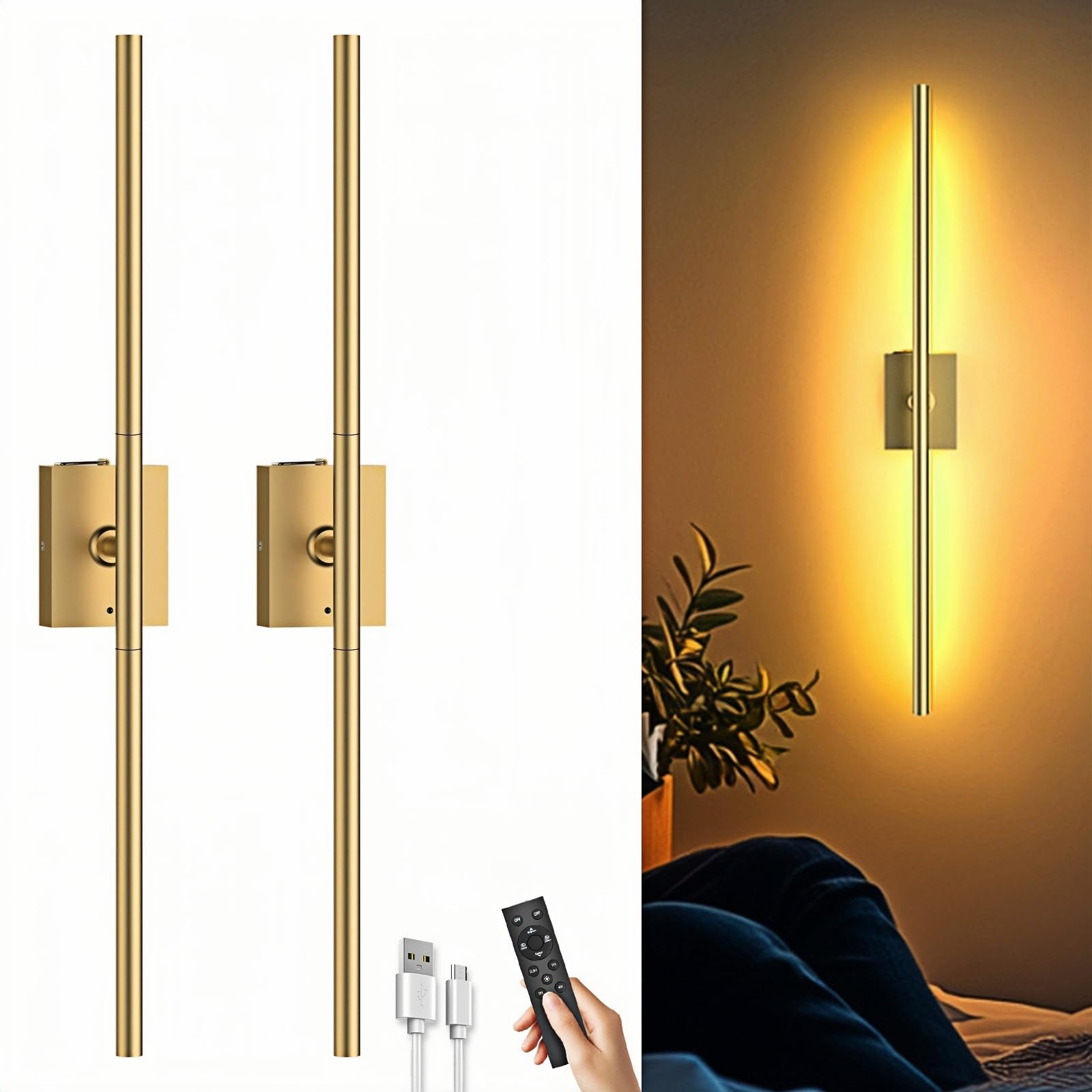 Photo 1 of ***MISSING PARTS*** Battery Operated Wall Sconces Set of Two: Dimmable Wireless Wall Lights with Remote, 31-inch LED Rechargeable Sconces, 360° Lighting Wall Scone Decor for TV, Mirror, Bedroom, Living Room(Gold)