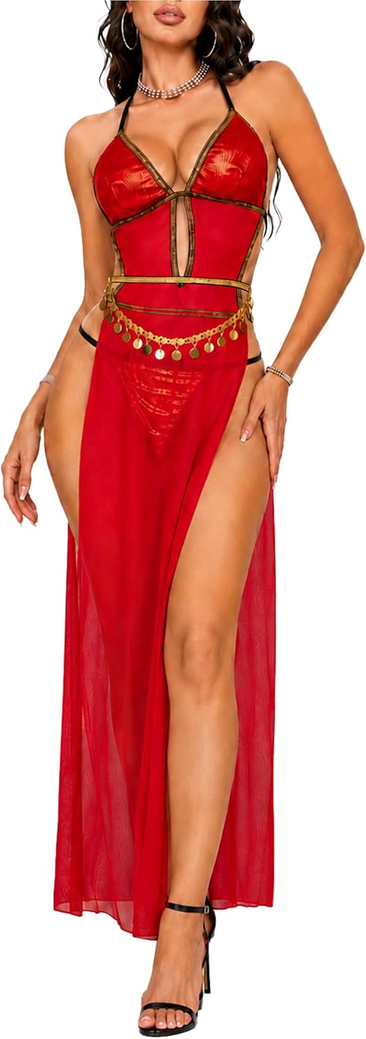 SEAUR Women Sexy Babydoll Lingerie Set Mesh Nightdress V Neck Side Split Nightwear