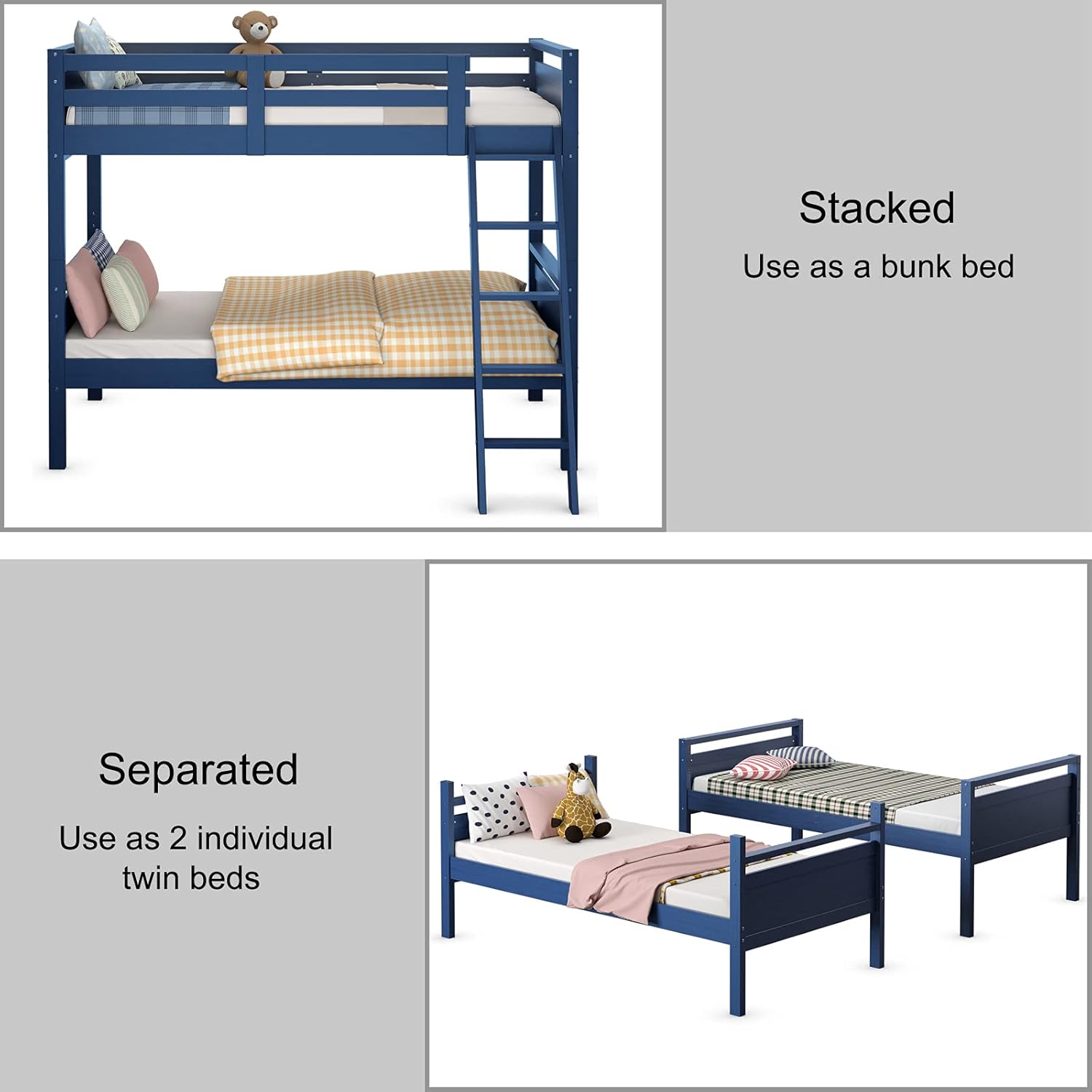 DORTALA Twin Over Twin Bunk Bed, Wood Bunk Bed w/Wide Ladder, Safety High Guardrail, Solid Wood Frame, Simple Style Multifunction Convertible 2 Individual Beds for Home, Dorm, Apartment, Navy Blue